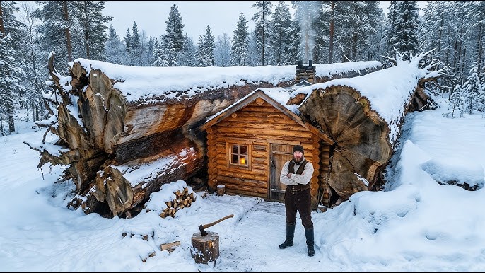 How He Built His Cabin Against a Fallen Giant Pine — the Trunk Became His Warmest Wall